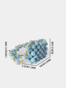 Mini handmade light blue beaded handbag for women with dimensions and gold chain strap