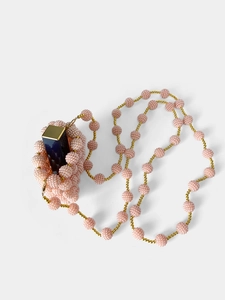 Mini pink handmade beaded bag with pearl strap for lipstick and evening occasions