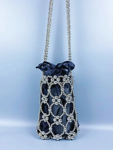Handmade Beaded Crossbody Bucket Bag Silver Metallic Woven Hollow Drawstring Satin Liner Bow Chic Shoulder Handbag