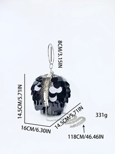 Detailed size chart for spherical sequin evening bag with dimensions and chain length