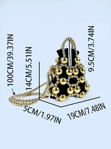 Beaded bucket bag with dimensions: 19x14x5cm, featuring golden beads and chain strap