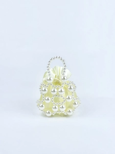 Handmade beaded hollow handbag with faux pearls and yellow satin drawstring liner