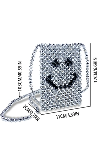 Handmade silver beaded crossbody bag with smiley face pattern and long chain strap