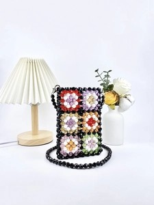Handmade colorful floral beaded shoulder bag with vintage crochet patchwork design