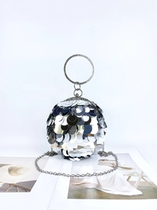 Unique spherical silver sequin evening bag with metallic handle and chain strap for women