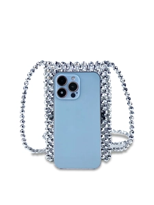 Silver beaded crossbody phone bag with shimmering hand-woven pearls and strap