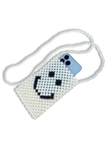 Handmade pearl smiley face crossbody bag with long strap and smartphone storage