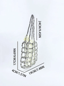 Detail view of silver beaded hollow bag with cream satin drawstring liner and dimensions