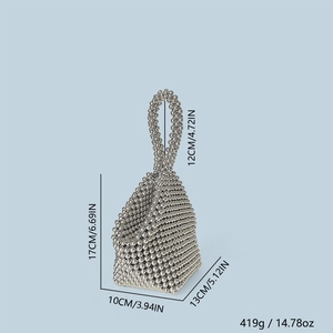 Detailed size and weight guide for the silver handmade beaded pearl bucket handbag