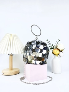Spherical evening bag with silver sequins, metal ring handle and chain strap