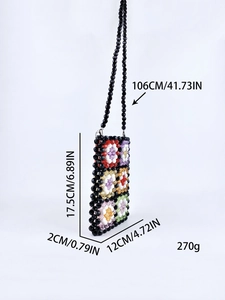 Handmade beaded crossbody bag with retro floral patterns and dimensions on white background
