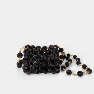 Mini handmade black beaded crossbody bag with gold clasps and textured pearl beads