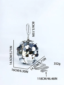 Unique spherical evening clutch bag with silver sequins and round metal handle
