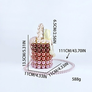 Detailed size chart of a gradient beaded bucket bag with dimensions and strap length