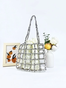 Silver beaded handmade handbag with cream silk drawstring inner pouch for women