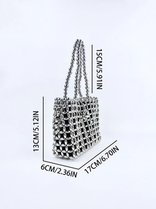 Detailed dimensions of silver hollowed metal bead woven handbag with pearl accents