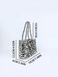 Detail view of silver metal sequin bead bag with precise size dimensions and measurements