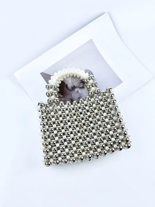 Elegant handmade silver metal and pearl beaded mini handbag with curved top handle