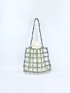 Handmade silver beaded tote bag with mesh structure and ivory satin drawstring lining