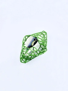 Macro view of green beaded handbag with hollow structure and white inner zip pouch