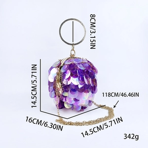 Detail of purple sequin spherical evening bag with rhinestone handle and size dimensions