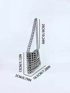 Detailed dimensions of silver beaded woven handbag with 18.5cm width and 26cm strap drop