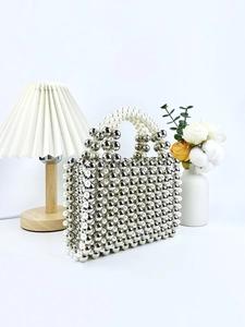 Elegant silver beads and white pearls handmade mini handbag with arched handle for women