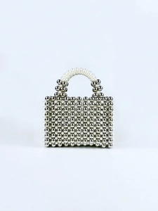 Handmade pearl and silver metal beaded mini square handbag with top handle for women