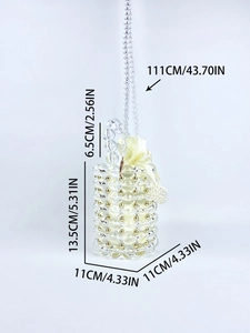 Detailed dimensions of transparent beaded bucket bag with white drawstring inner pouch
