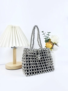 Silver beaded handmade underarm bag with metal lattice pattern and pearls for women