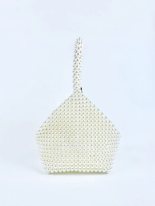 Handmade Beaded Artificial Pearl Handbag For Women Vintage Polygon Woven Top Handle Bag For Wedding Party Elegant Small Purse