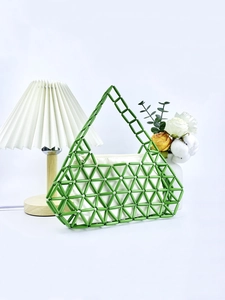 Green beaded triangle weave handbag with white canvas inner bag and zipper closure