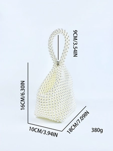 Handmade white pearl beaded handbag with unique pyramid shape and pearl top handle