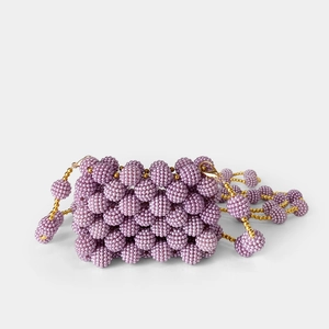 Handmade lavender beaded mini bag with spherical texture and golden chain strap