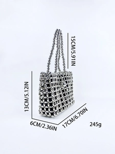 Silver beaded hollow handbag with pearl chains and detailed dimensions on white background