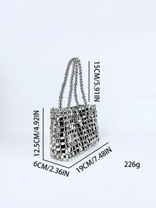 Silver hollow out sequin handbag with beaded handles and detailed size measurements