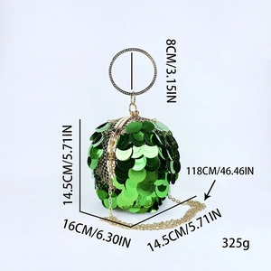 Detailed size specifications of a green spherical sequin evening bag with gold chain