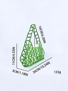 Green woven hollow handbag with white inner pouch and precise size measurements