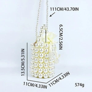 Detailed size chart of handmade cream pearl bucket bag with dimensions and weight info