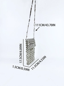 Silver beaded mini crossbody bag dimensions showing chain length and bag size detail