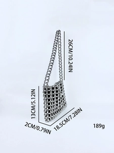 Handmade shiny silver beaded shoulder bag with minimalist hollow mesh design