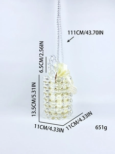 Handmade beaded bucket bag with transparent acrylic pearls and satin drawstring lining