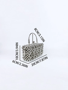 Detailed view of silver beaded evening clutch with dimensions in CM and IN measurements
