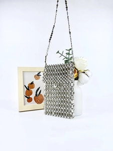 Handmade silver beaded square handbag with metallic chain strap for women fashion
