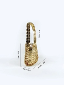 Detailed side view of handmade gold sequin handbag with precise size specifications