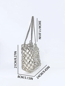 Detail view of silver beaded hollow bag with dimensions and white inner lining