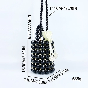 Detailed dimensions of handmade black beaded bucket bag with white silk floral ribbon