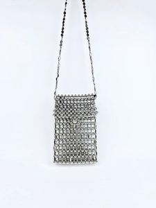Women Handcrafted Beaded Acrylic Mini Crossbody Bag Metallic Woven Mobile Phone Shoulder Bag For Party Travel Daily Bag