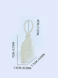 Mini white pearl beaded triangle handbag with detailed size measurements for women