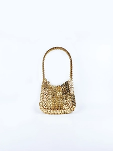 Vintage Gold Metal Sequin Handbag Handmade Linked Shiny Retro Mini Tote For Party Night Out Women